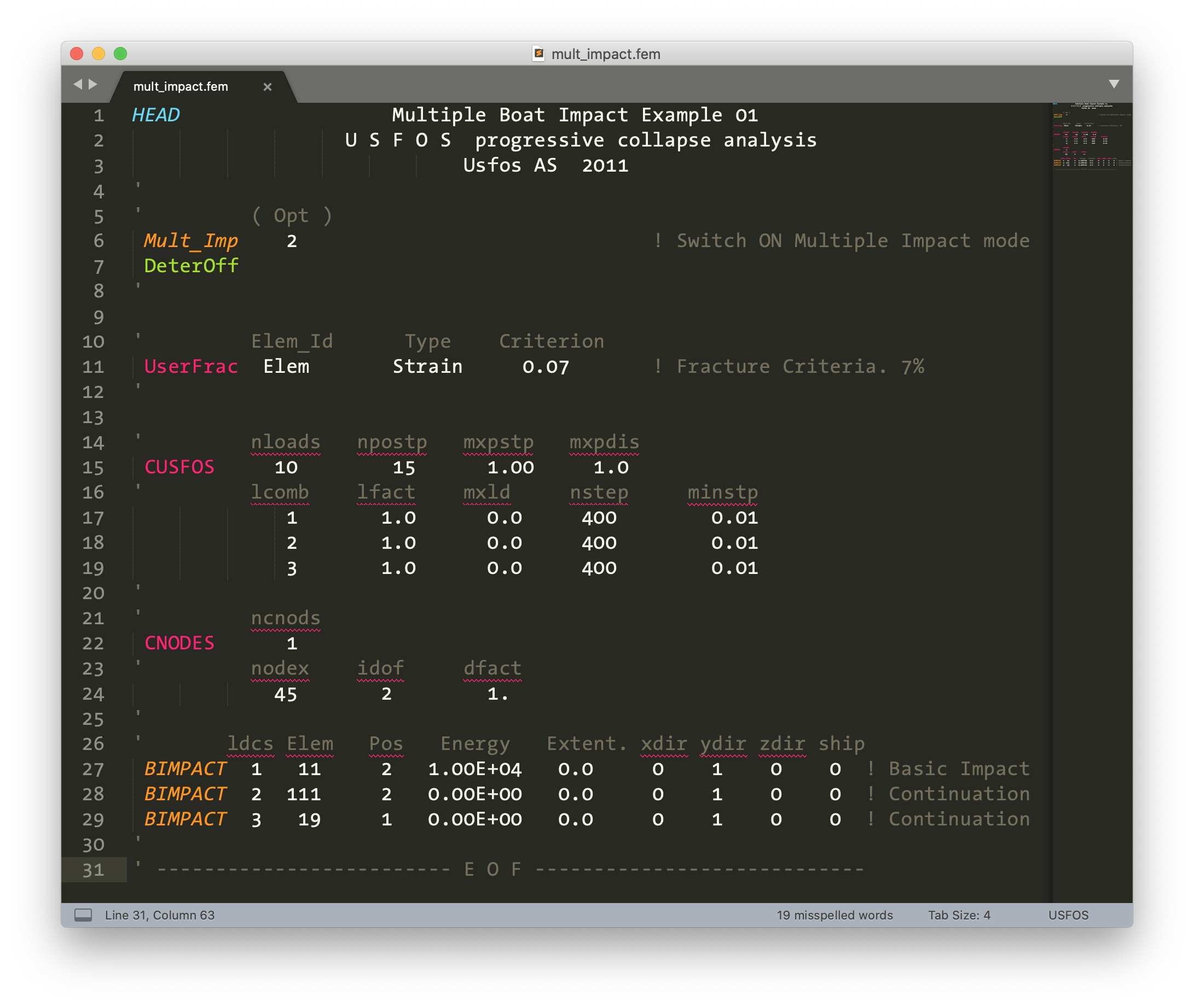 USFOS control file syntax highlighted in Sublime Text