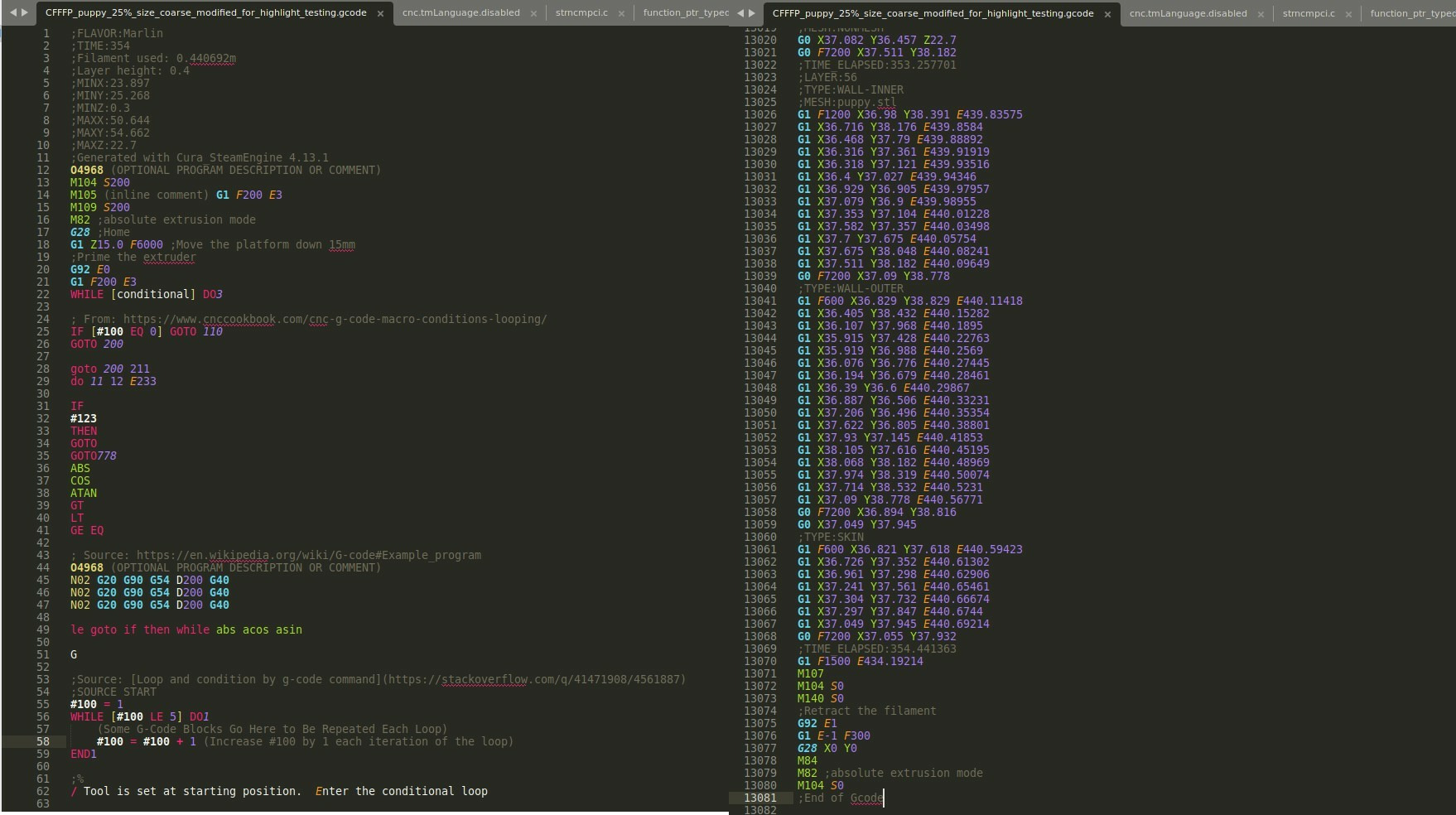screenshots of gcode syntax highlighting